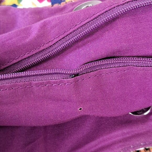 Bamboo Double Rattan Wrapped Handled Colorful Floral Print Round Cotton Bag - Picture 10 of 12